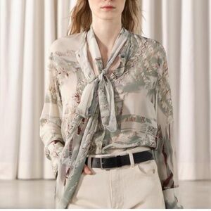 NWT ZARA ZW COLLECTION PRINTED TIED SHIRT top blouse green women Xs